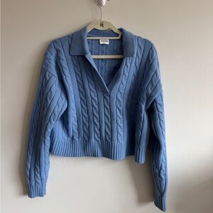 Aritzia Sunday Best Cropped Cable V-Neck Sweater in Blue